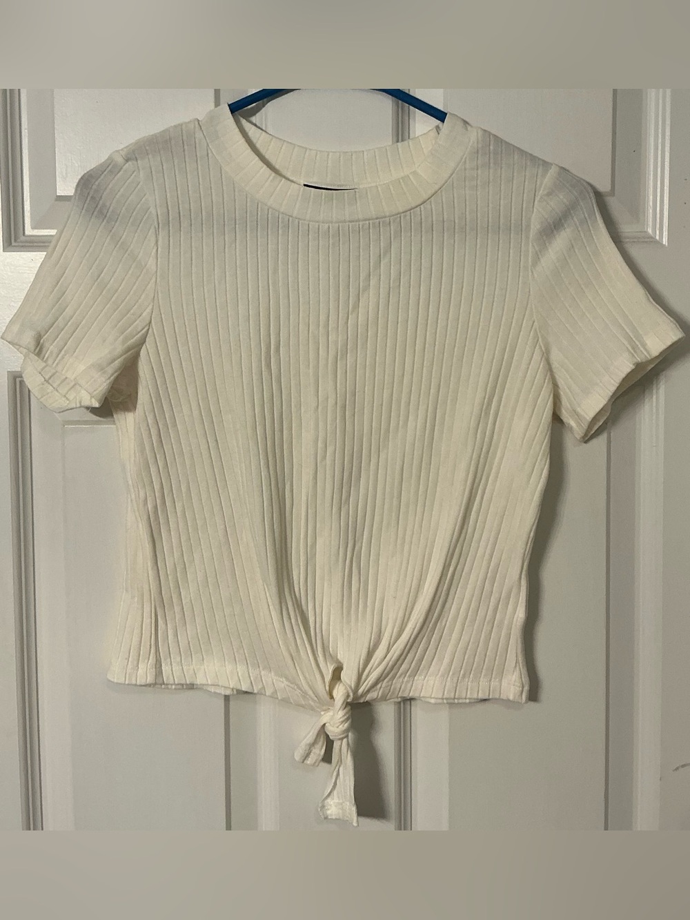 SHEIN Cream Ribbed Short Sleeve Tie-Front Top